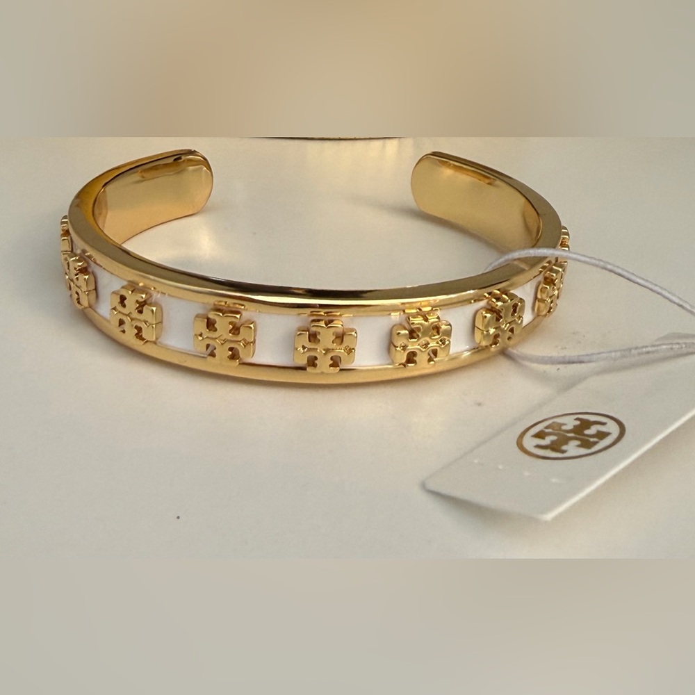 Authentic Tory Burch White and Gold Logo Cuff Bracelet - Gold Emblem Accents